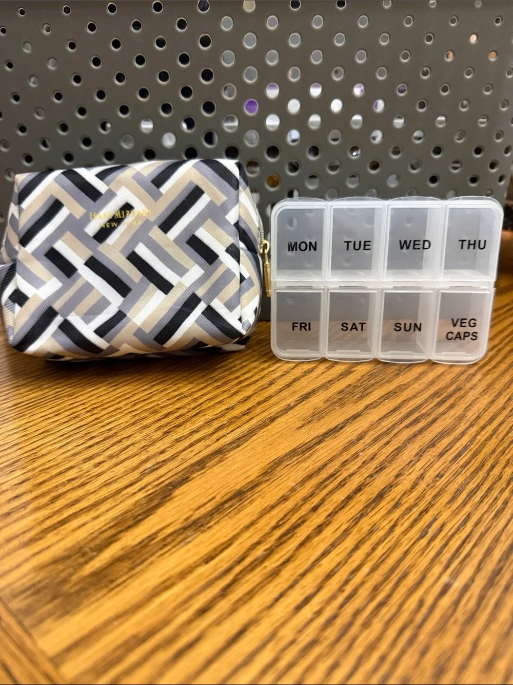 Isaac Mizrahi Black, Gray and Cream Geometric Travel Pouch with Weekly Pill Box